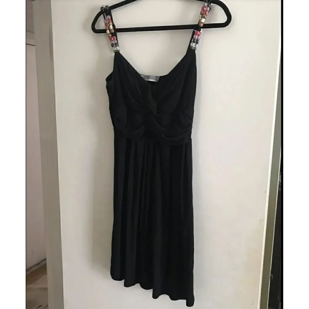 Black Wrap Bodice Beaded Strap Dress Sz M